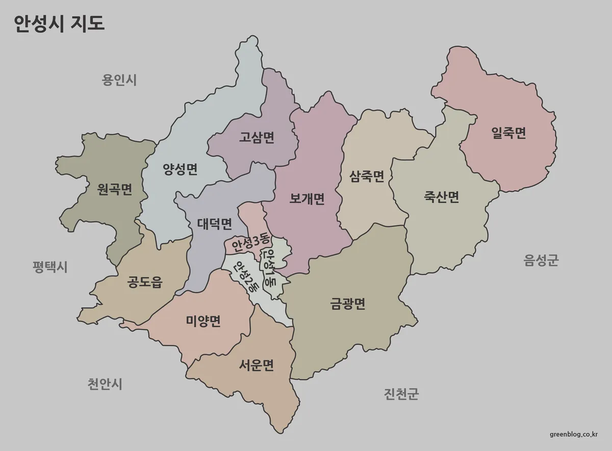 읍면동 경계가 색상으로 나뉘어 표시된 안성시 지도