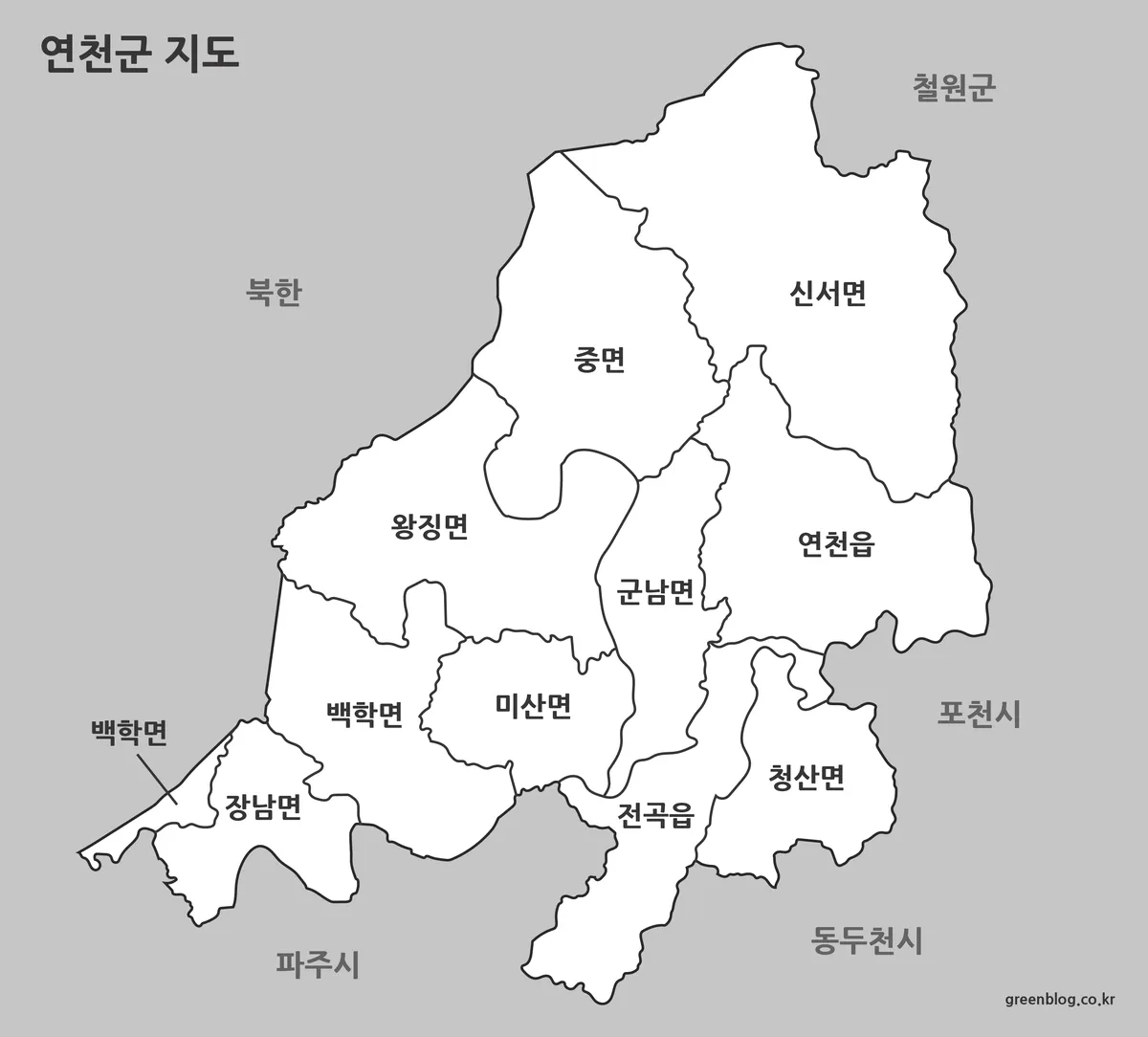 색상을 제거하고 경계선만 강조한 연천군 지도