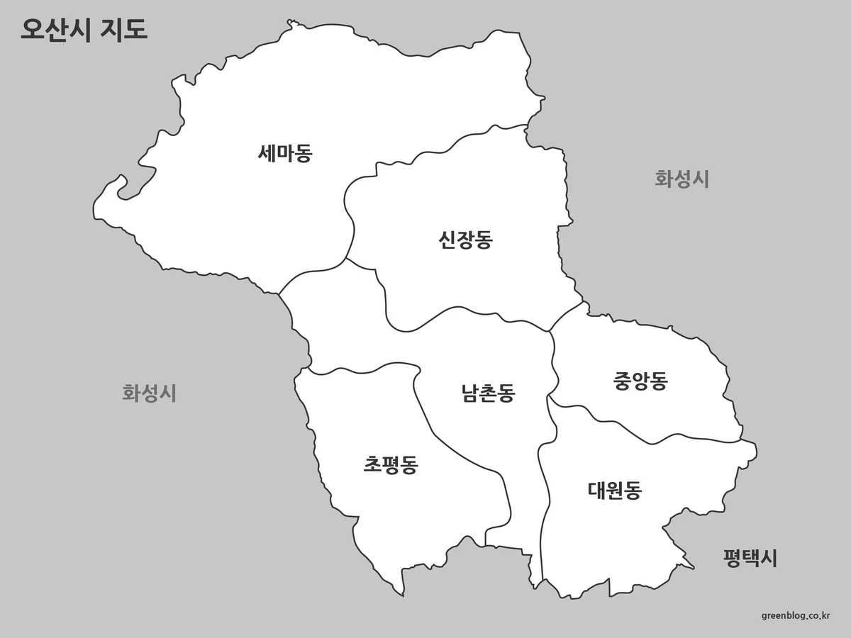 흑백 형태로 제작된 오산시 지도