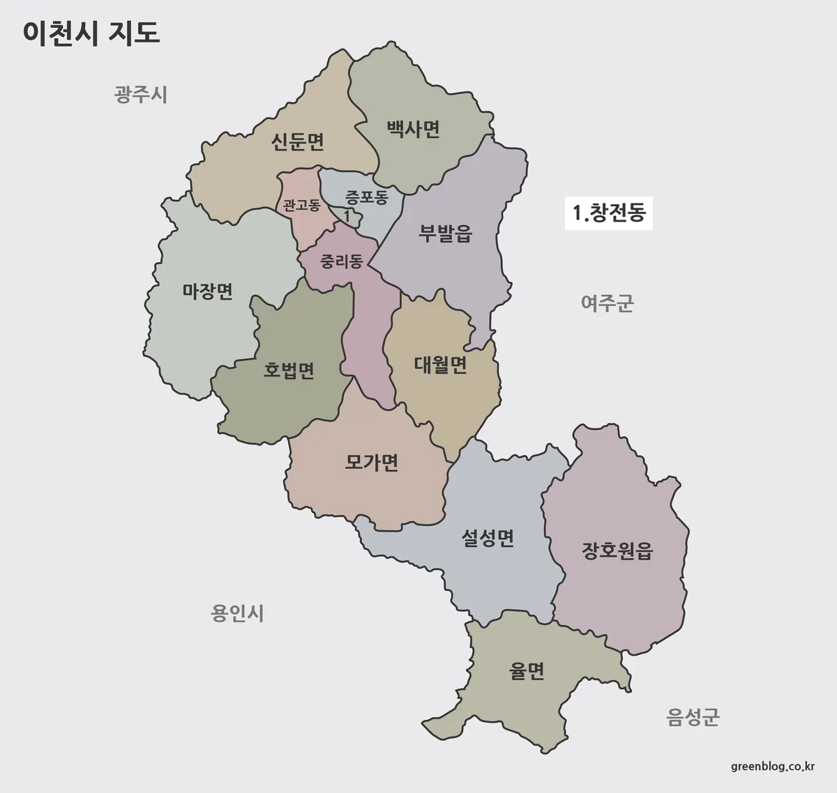 읍면동 경계가 색상으로 나뉘어 표시된 이천시 지도