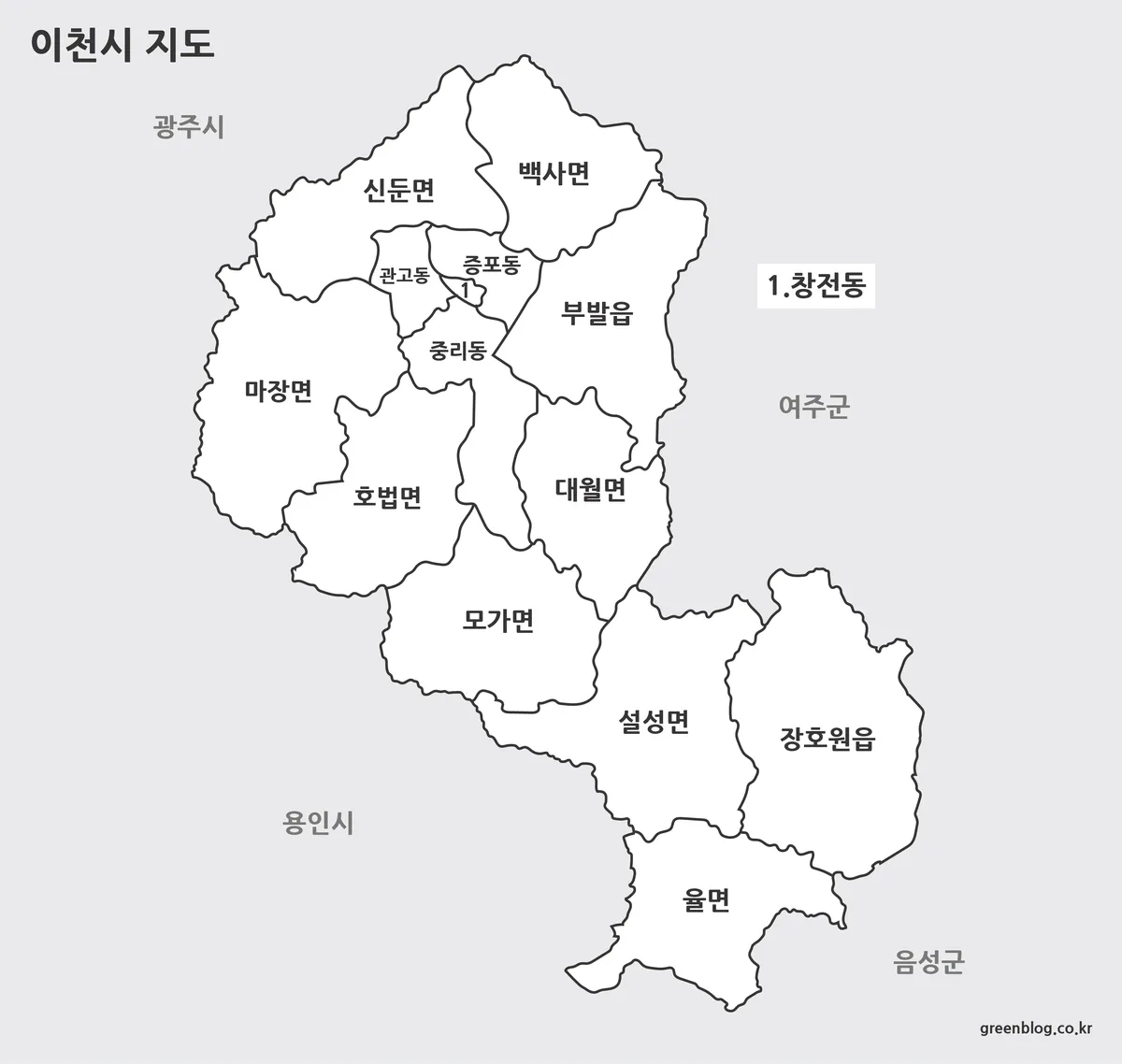 색상이 제거되고 경계선과 지역명만 표시된 이천시 지도