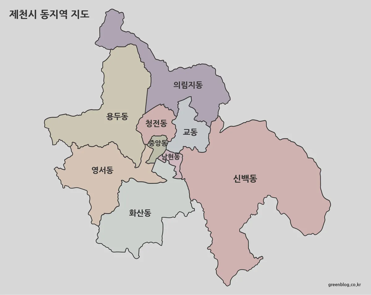용두동, 청전동 등 동별로 색상이 구분된 제천시 동지역 지도