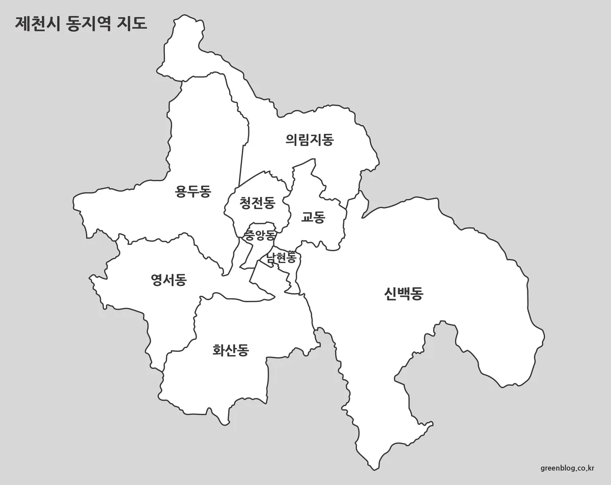 흑백으로 구성된 제천시 동지역 행정 구역 지도
