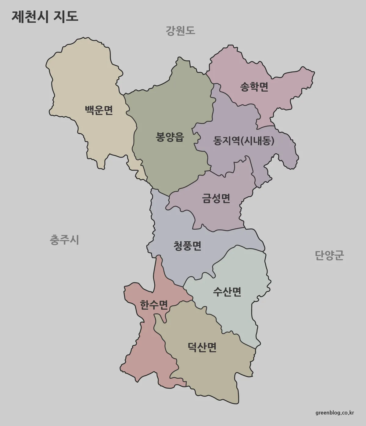 제천시 행정 구역이 색상으로 나뉘어 표시된 지도
