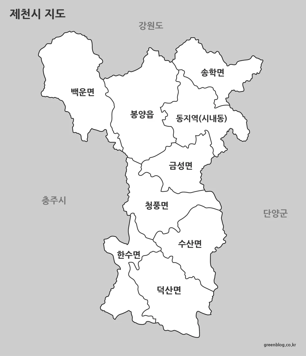 제천시 지역 이름이 강조된 흑백 지도