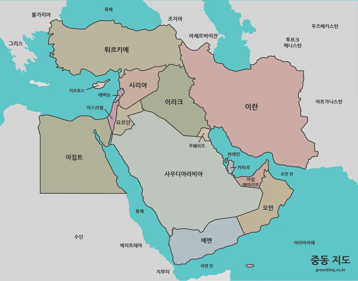 중동 국가가 색상으로 구분된 지도 이미지