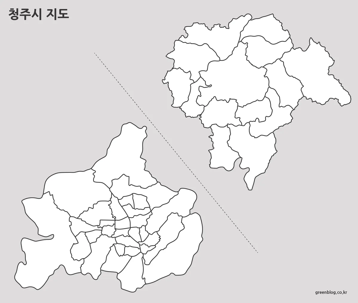 색상과 텍스트 없이 경계선만 표시된 청주시 지도