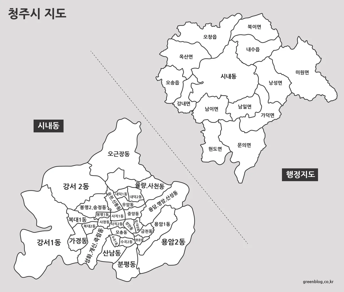 색을 제거하고 경계만 강조한 청주시 지도