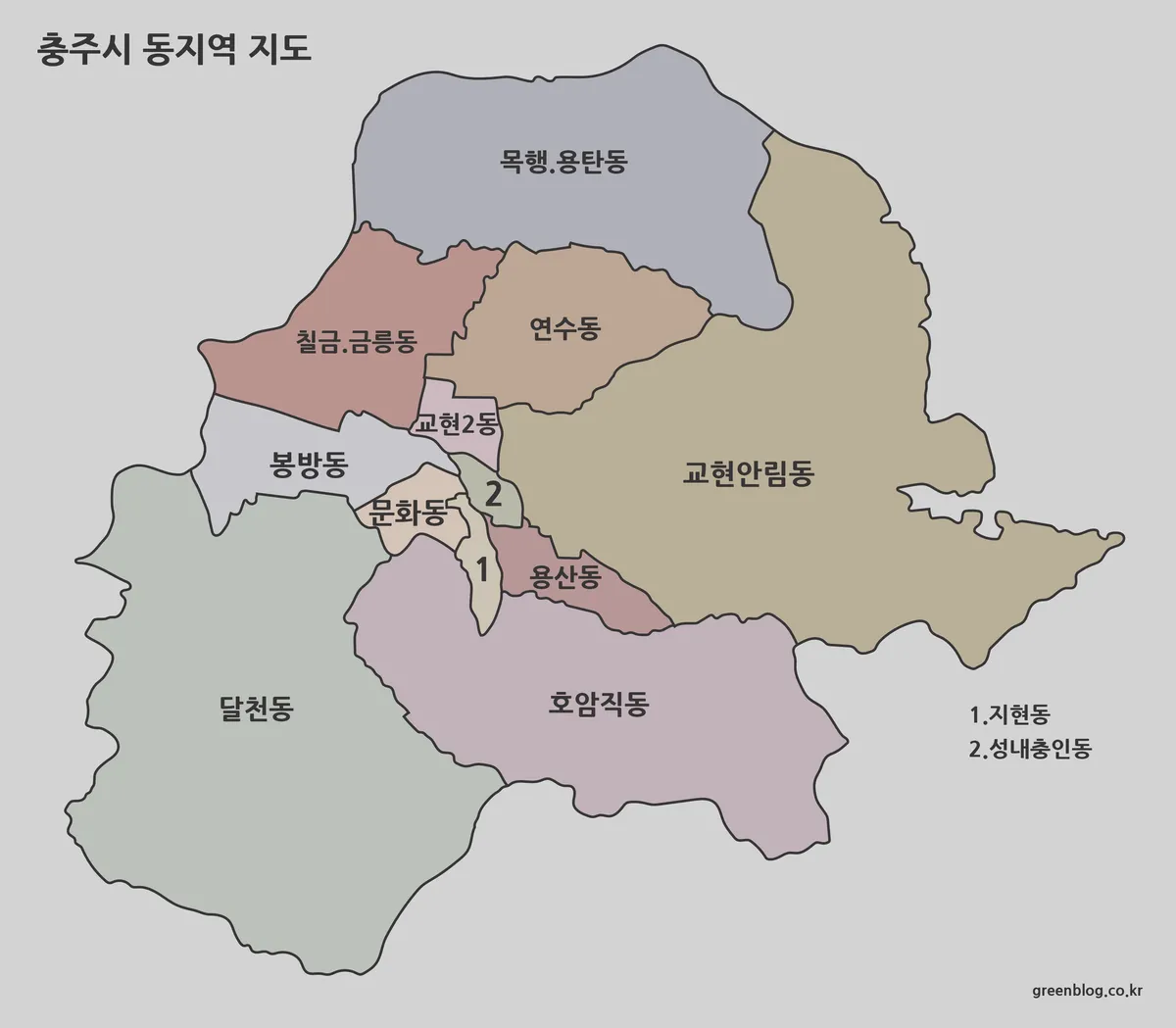 충주시 시내 동지역이 색상으로 구분된 지도