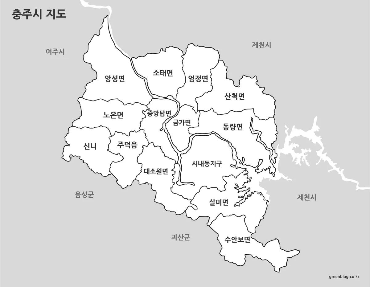 충주시 지명이 강조된 흑백 지도
