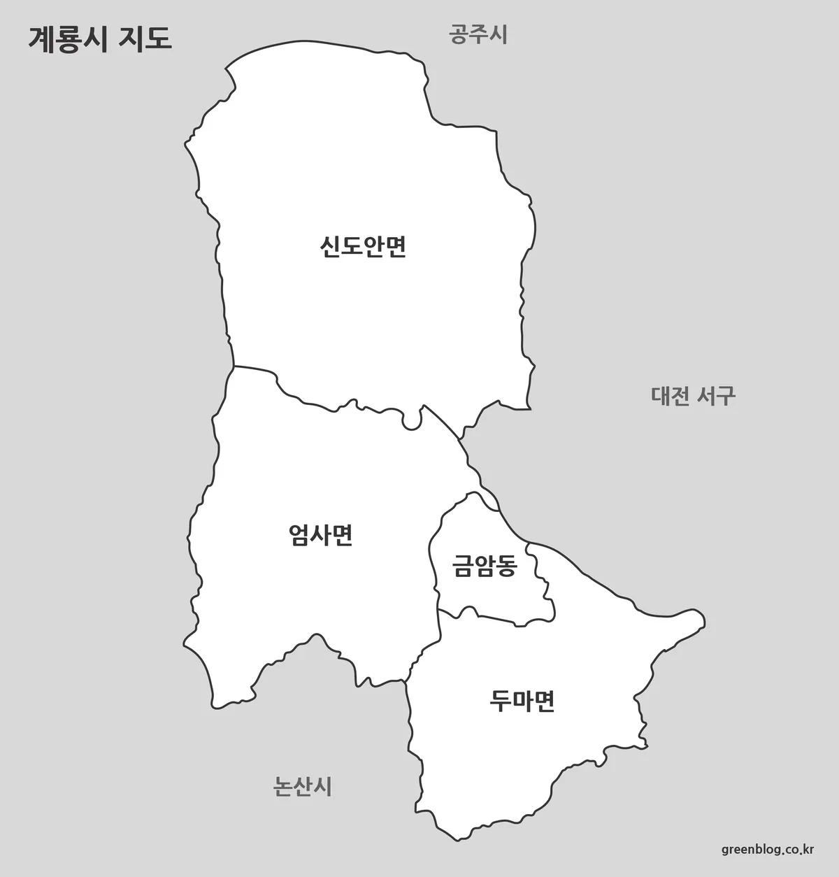 색을 줄여 출력용으로 정리한 계룡시 흑백 지도