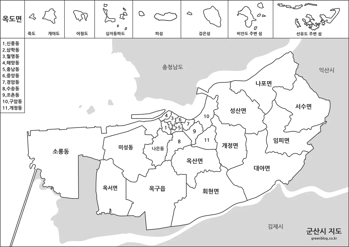 전북특별자치도 군산시 경계와 지명만 표시된 전체 지도