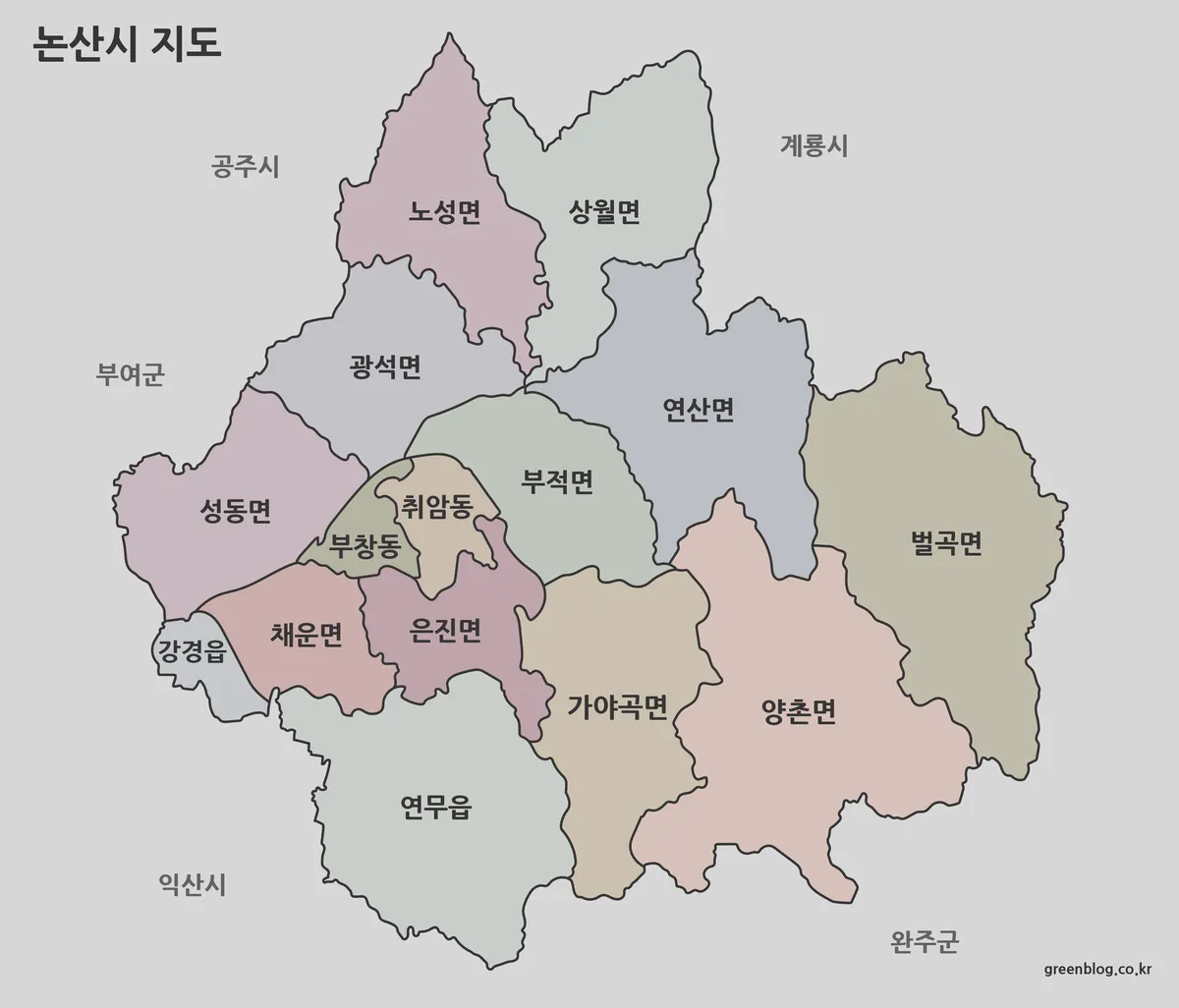 논산시 지도 색상 구분 행정 구역 지도