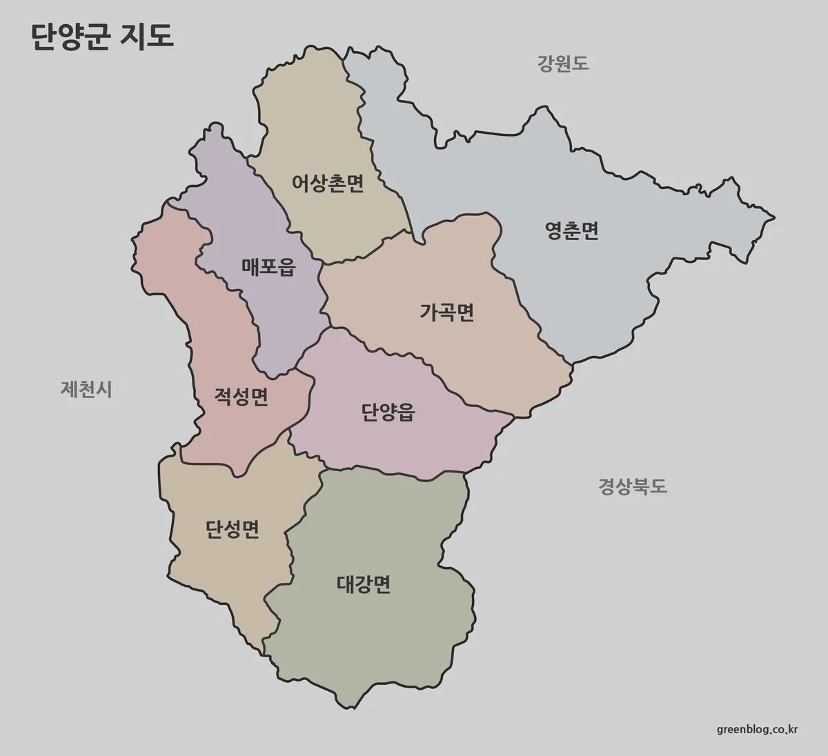 단양군 색상 지도와 행정 구역 구분이 표시된 이미지