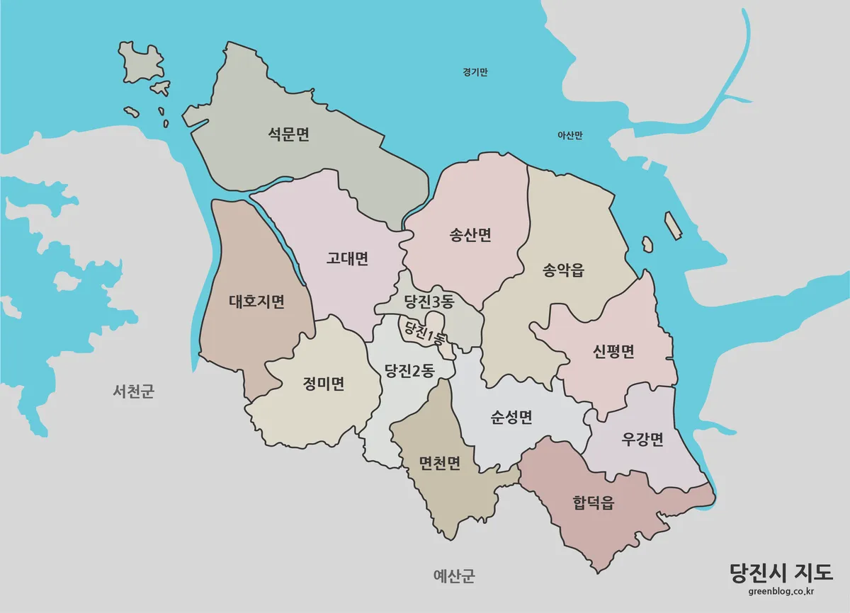 당진시 행정 구역 색상 구분 지도 이미지