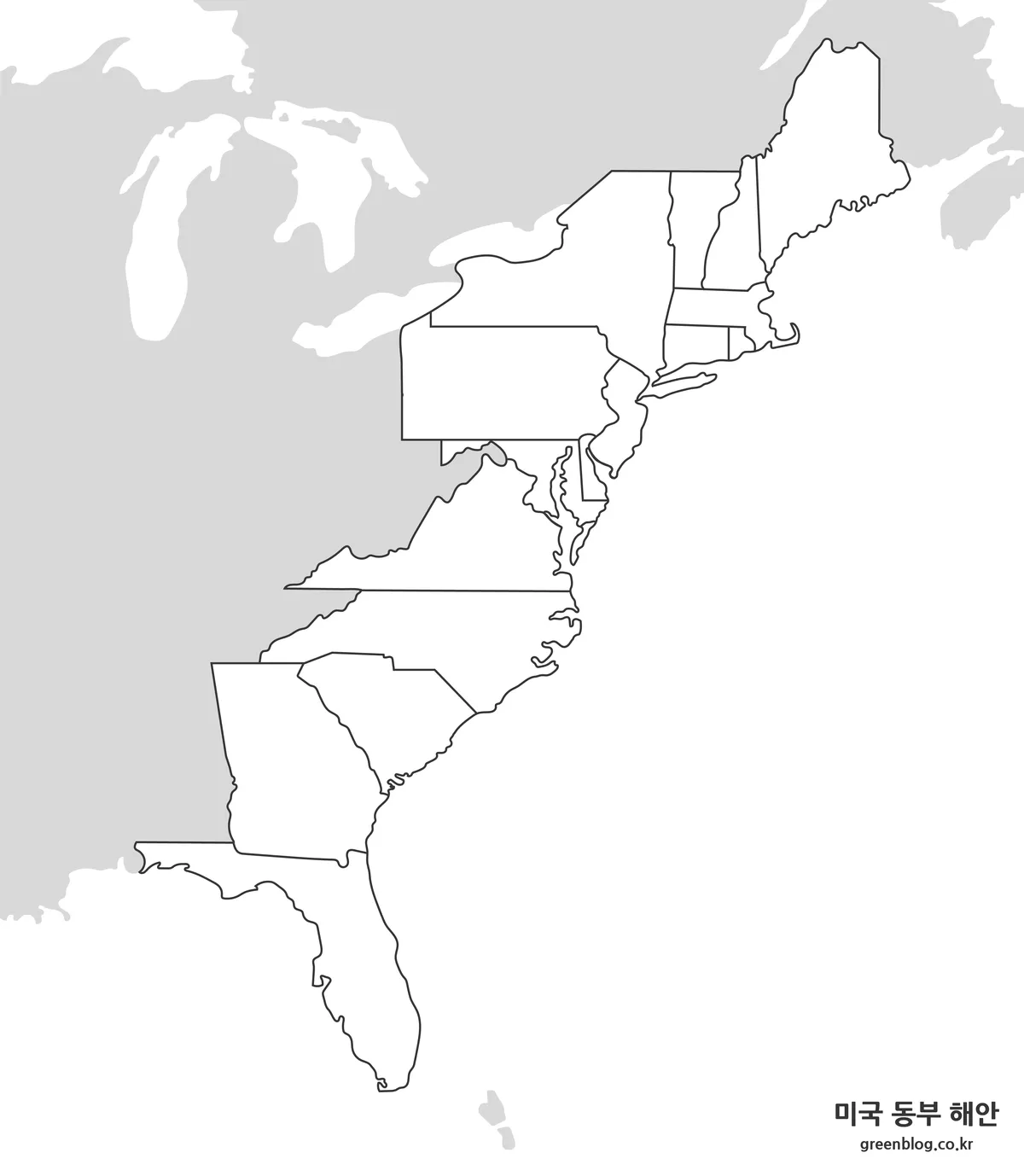 선만 있는 미국 동부 해안 지도