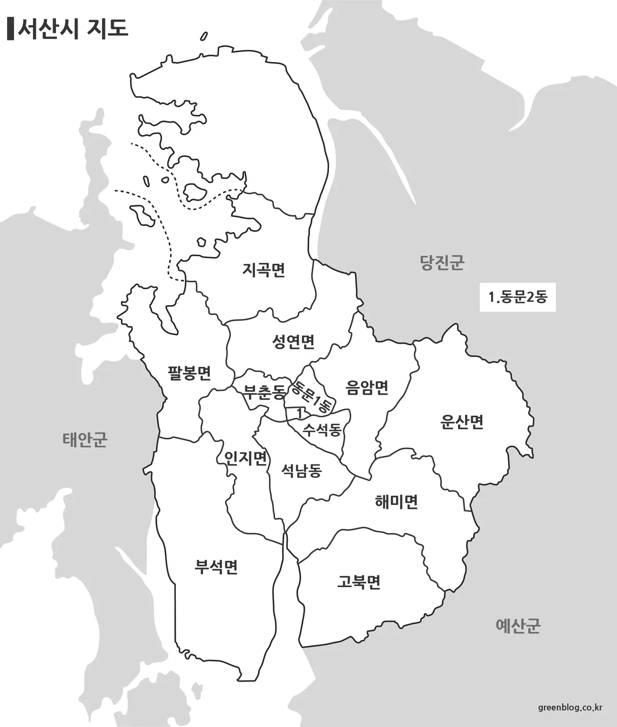 색을 제거해 정리된 서산시 흑백 지도