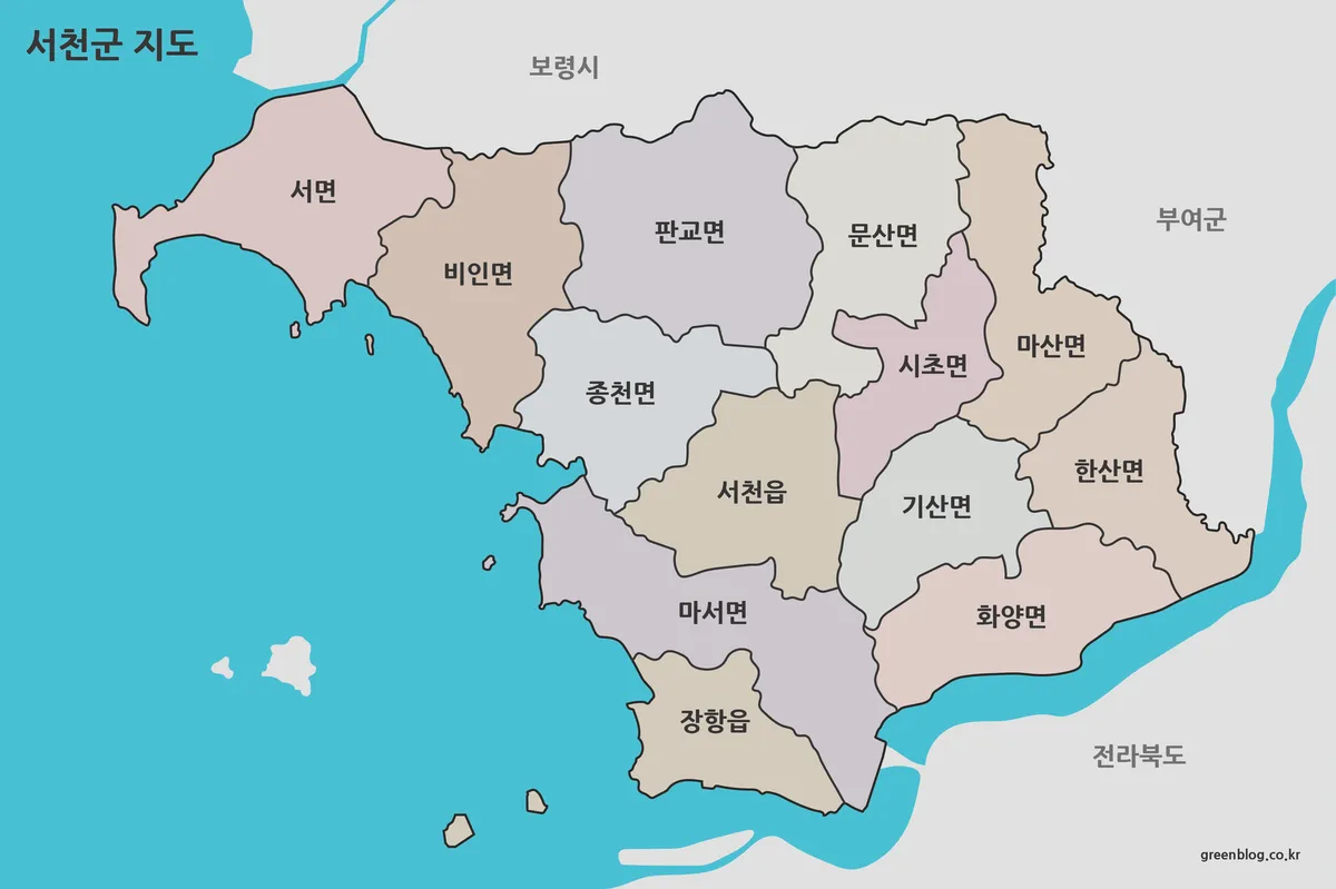 서천군 지도 행정 구역 색상 구분 지도