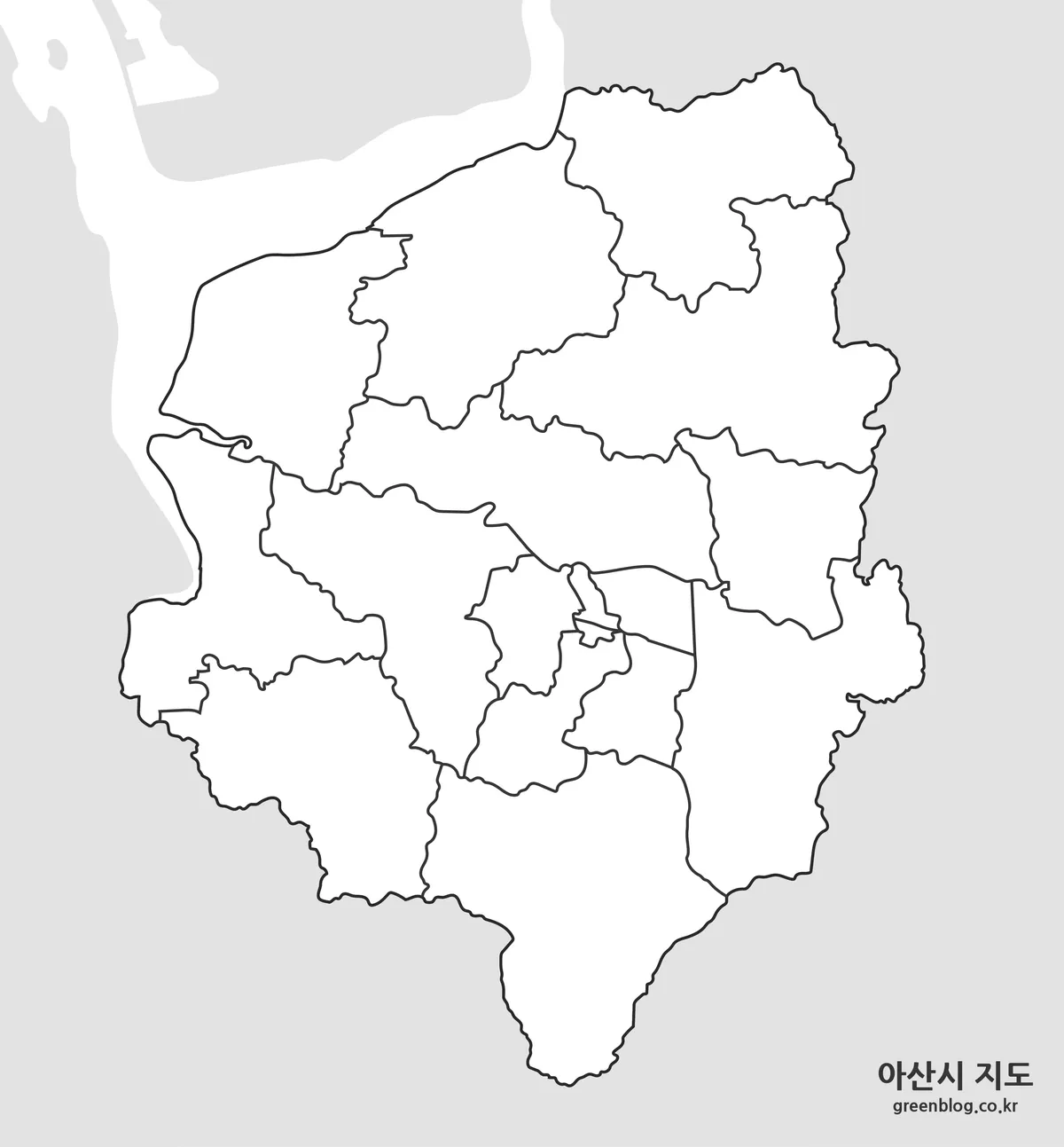 선만 남아 있어 직접 표시하기 쉬운 아산시 윤곽선 지도