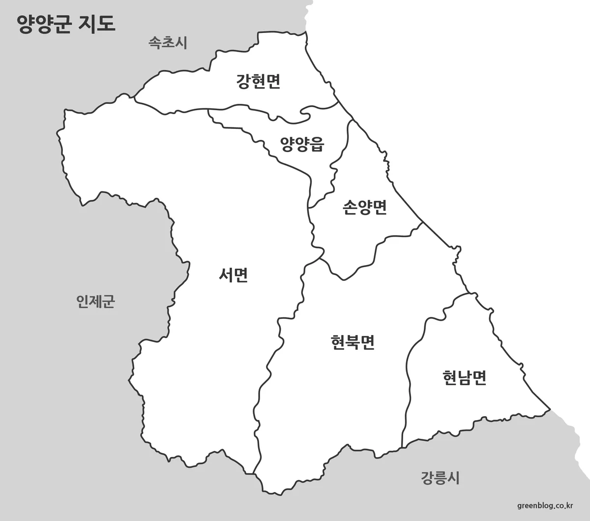 색을 제거하고 경계와 지명 중심으로 정리한 강원도 양양군 지도 이미지
