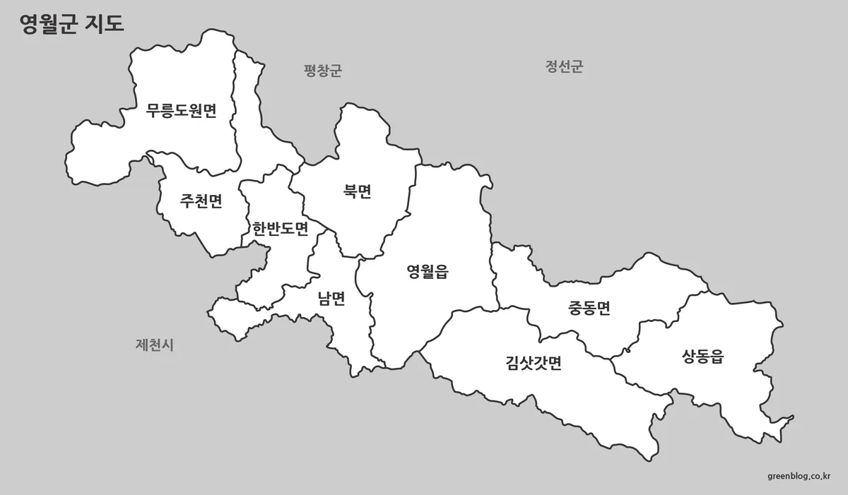 영월군 흑백 지도 지명 중심 이미지