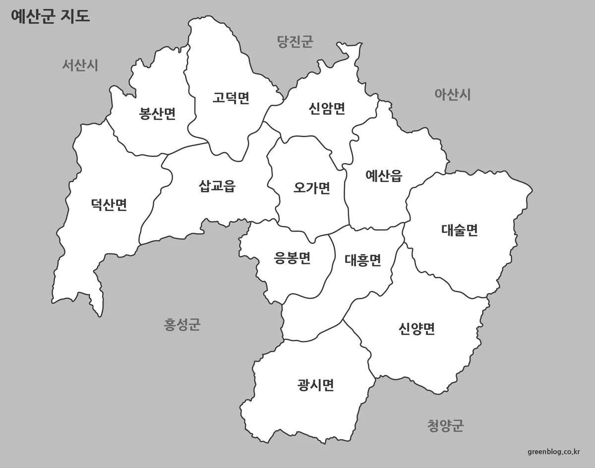 색이 없는 예산군 전체 지도 흑백 버전