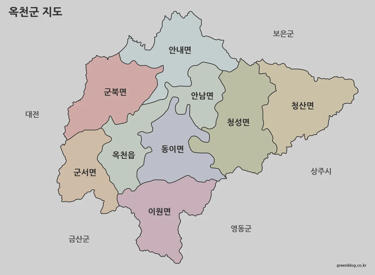 옥천군 색상 지도 행정 구역 구분 이미지
