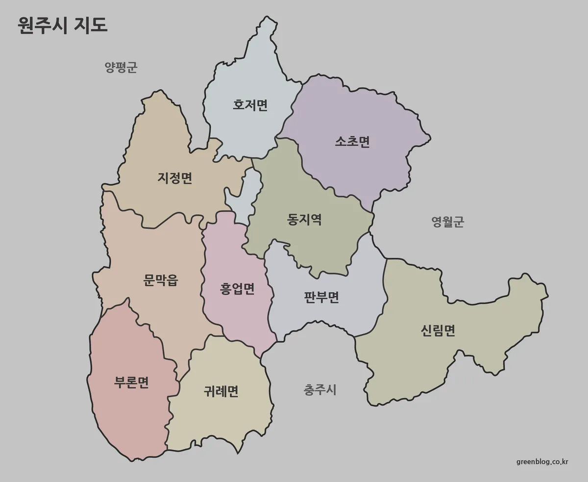 원주시 행정 구역 색상 지도 전체 구조 확인