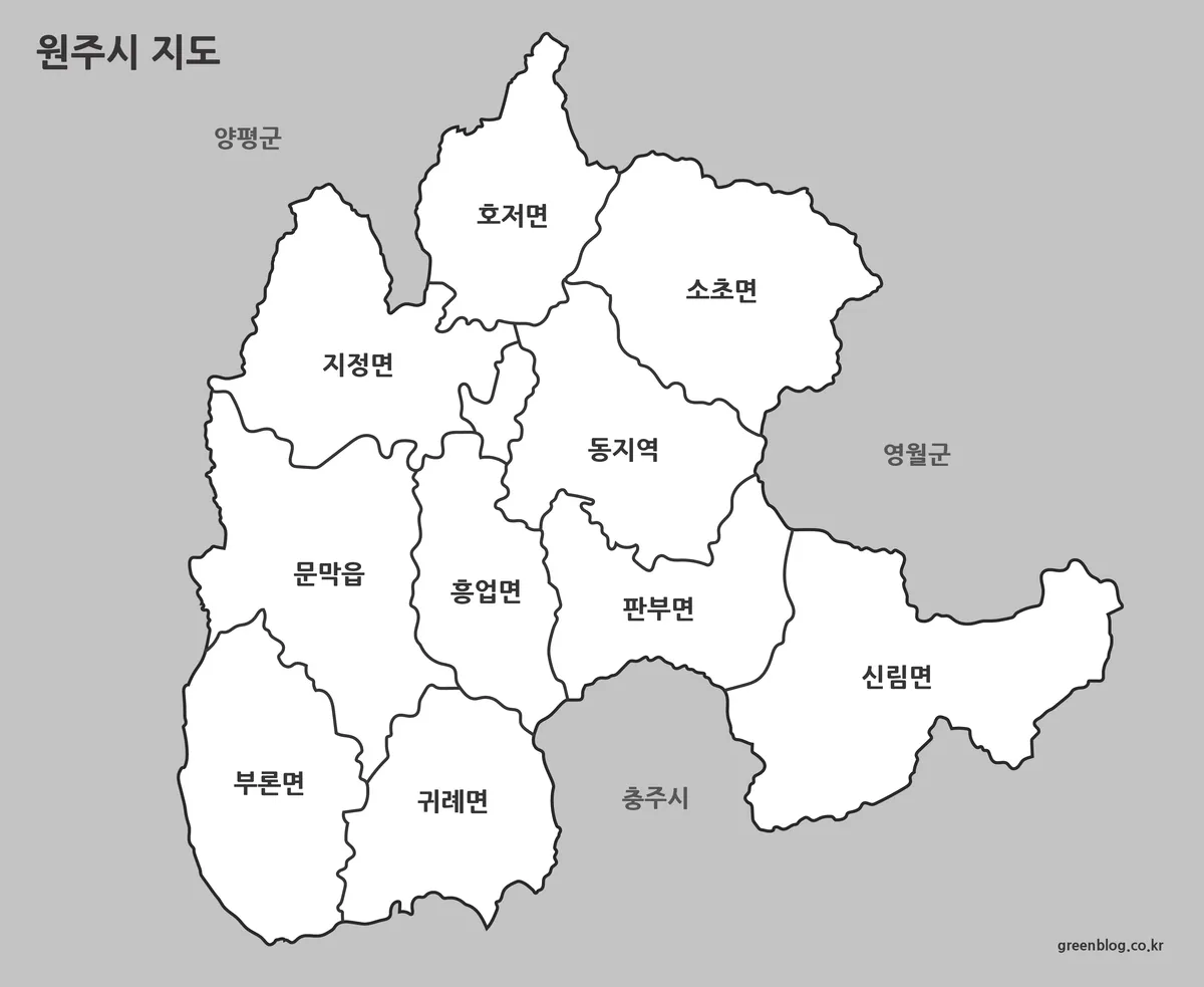 원주시 흑백 지도 인쇄 및 문서 활용용