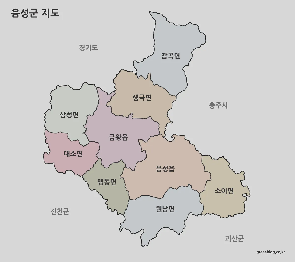 음성군 색상 지도와 행정 구역 구분이 표시된 이미지