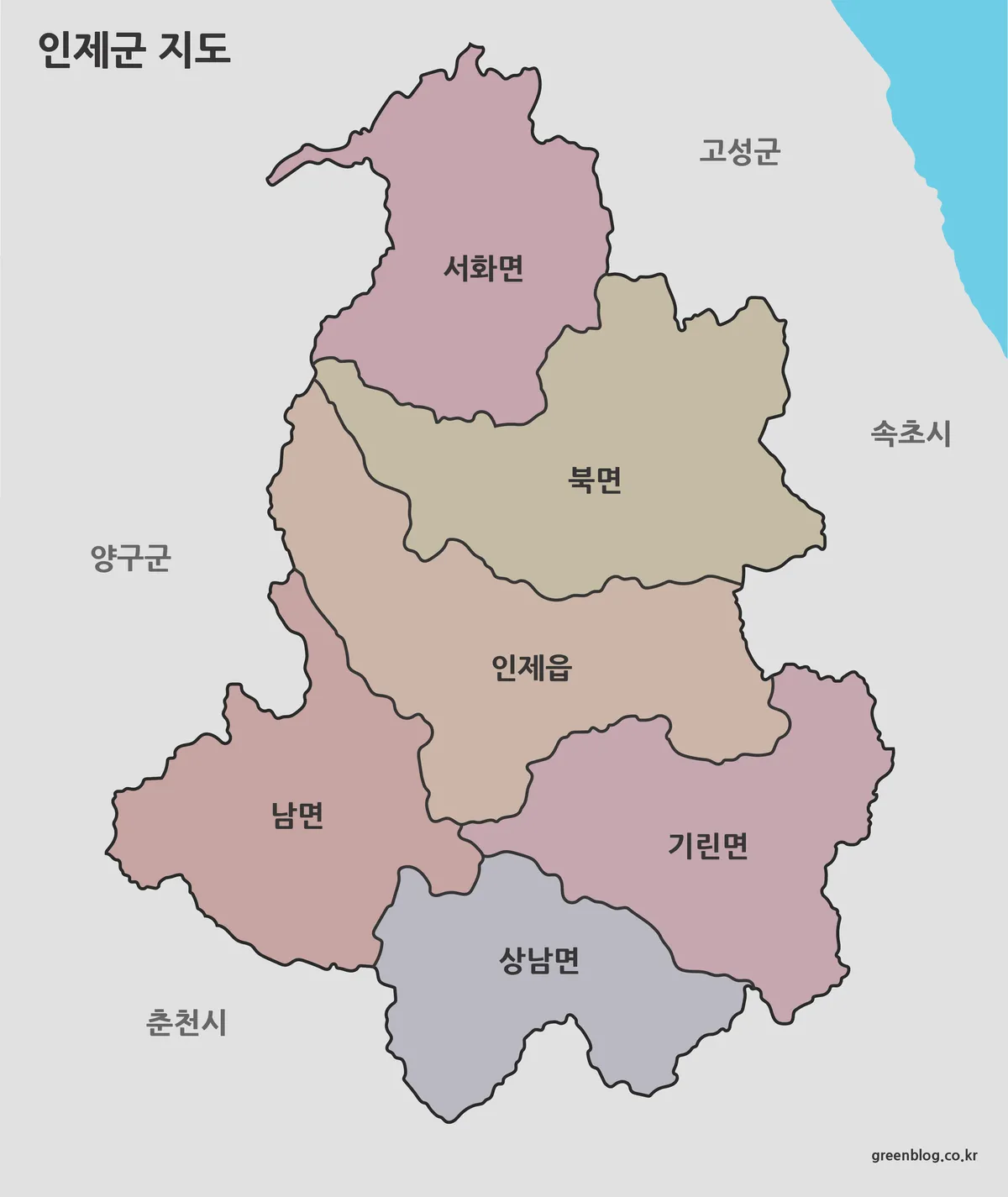 인제군 행정 구역 색상 지도 이미지