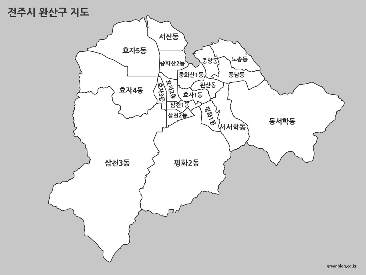 전주시 완산구 경계와 지명만 표시된 흑백 지도