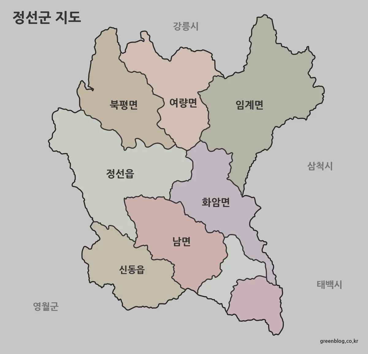 정선군 행정 구역을 색상으로 나눈 지도 이미지