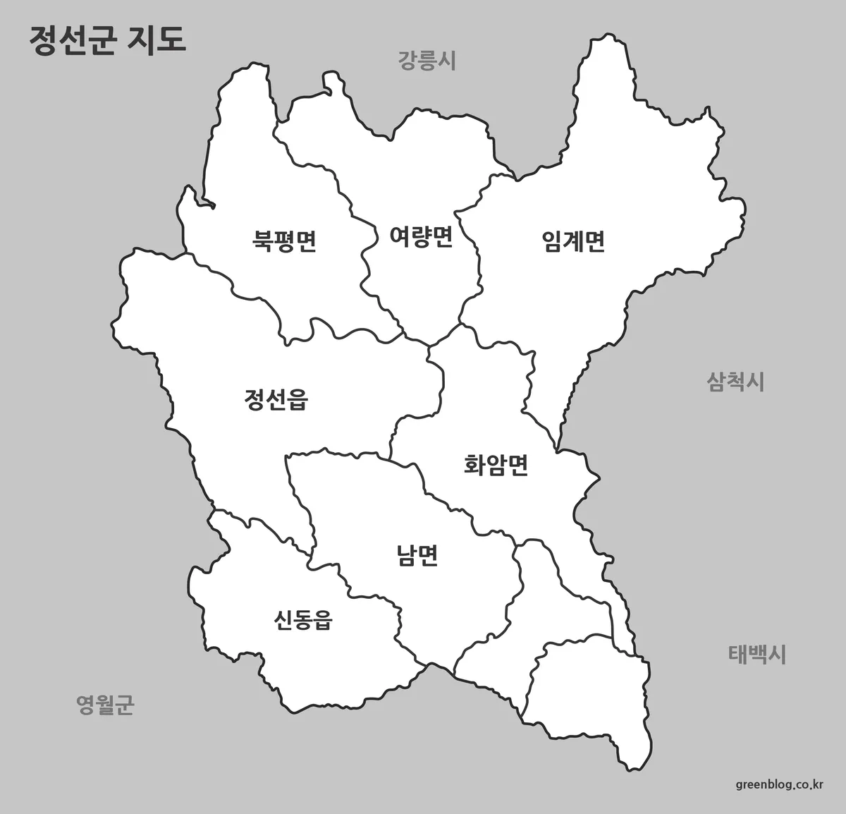 정선군 지역을 흑백으로 표현한 지도 이미지