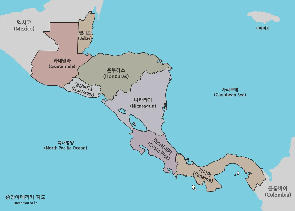 중앙아메리카 국가별 색상 지도 이미지