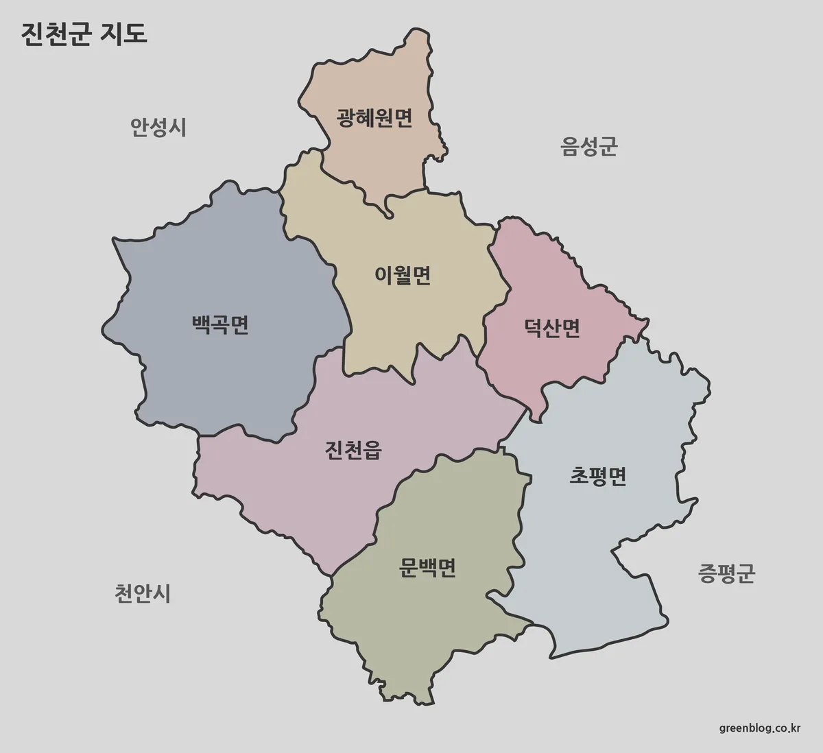 진천군 색상 지도와 행정 구역 구분이 표시된 이미지