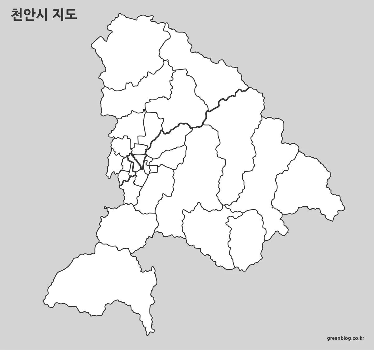 천안시 동 경계만 표시된 윤곽선 지도 이미지