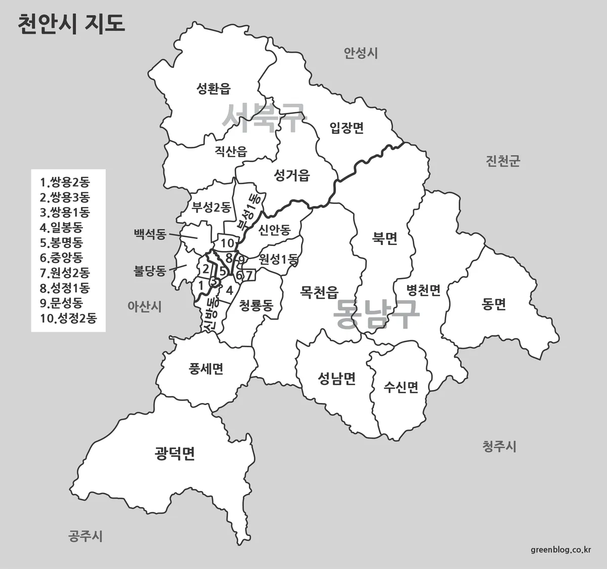 색상 없는 천안시 흑백 지도 이미지