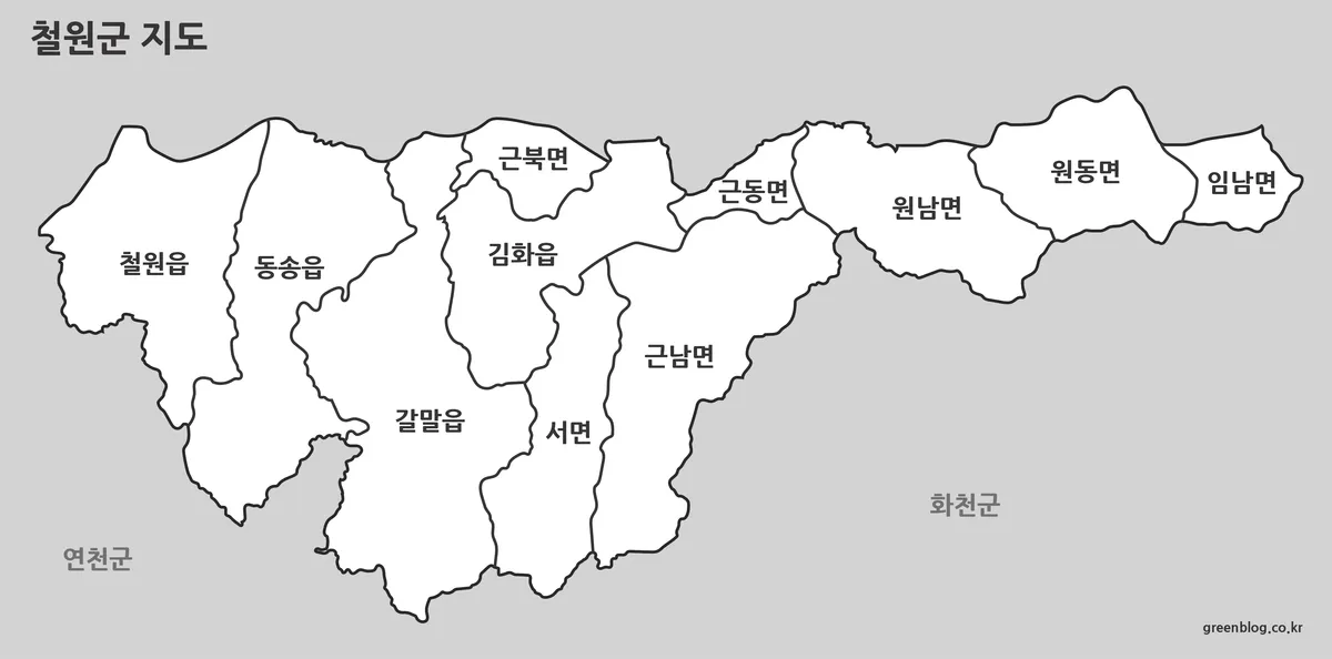철원군 위치와 경계를 흑백으로 표현한 지도 이미지