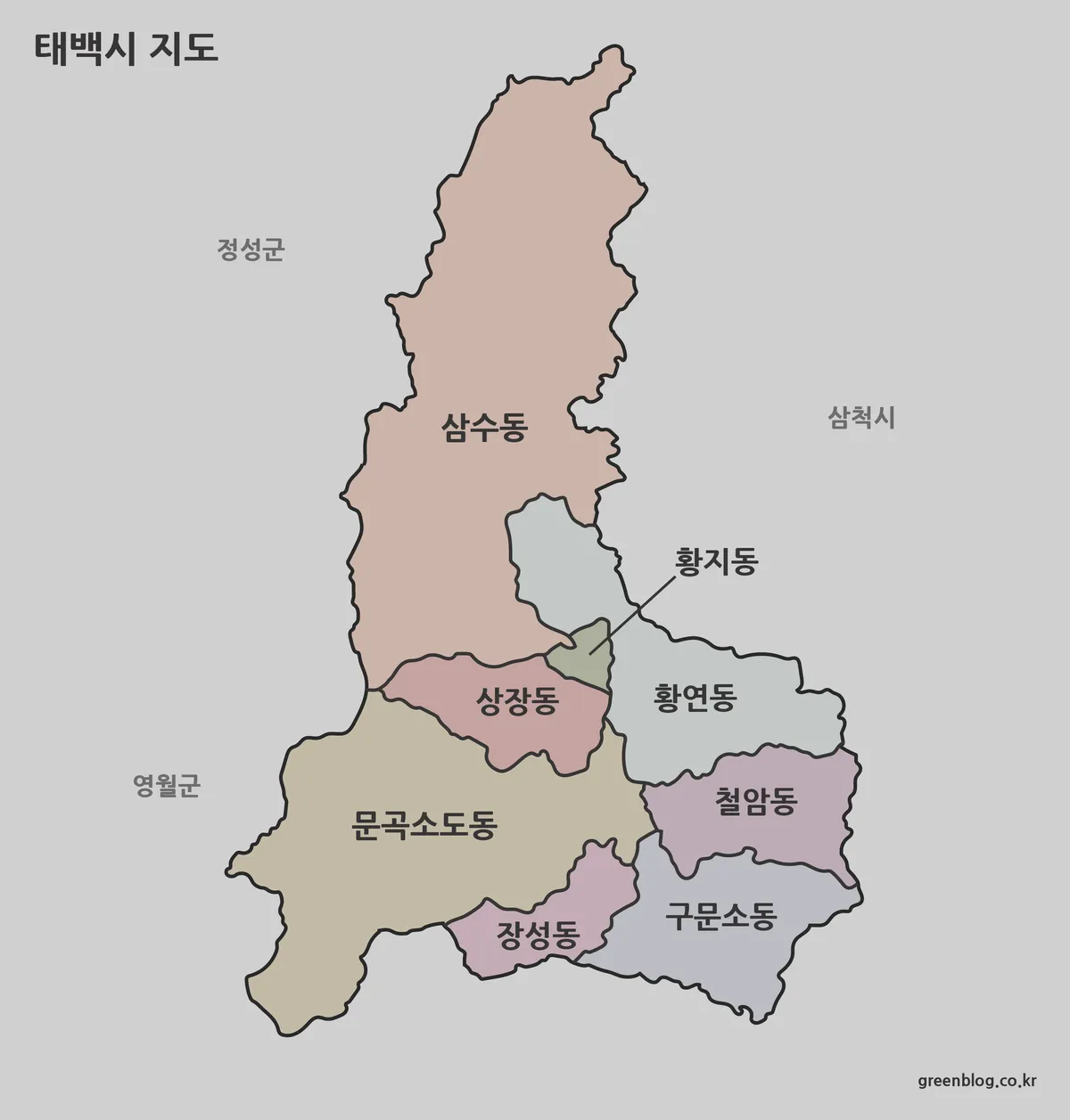 태백시 행정 구역이 색상으로 구분된 전체 지도