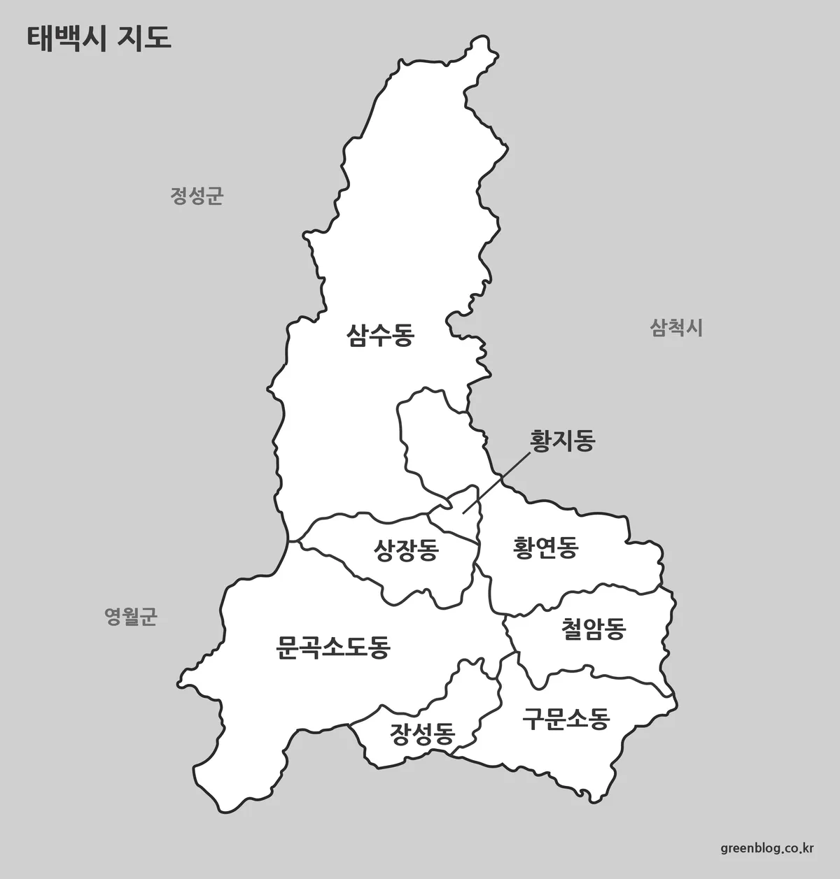 태백시 지명과 경계가 또렷한 흑백 지도