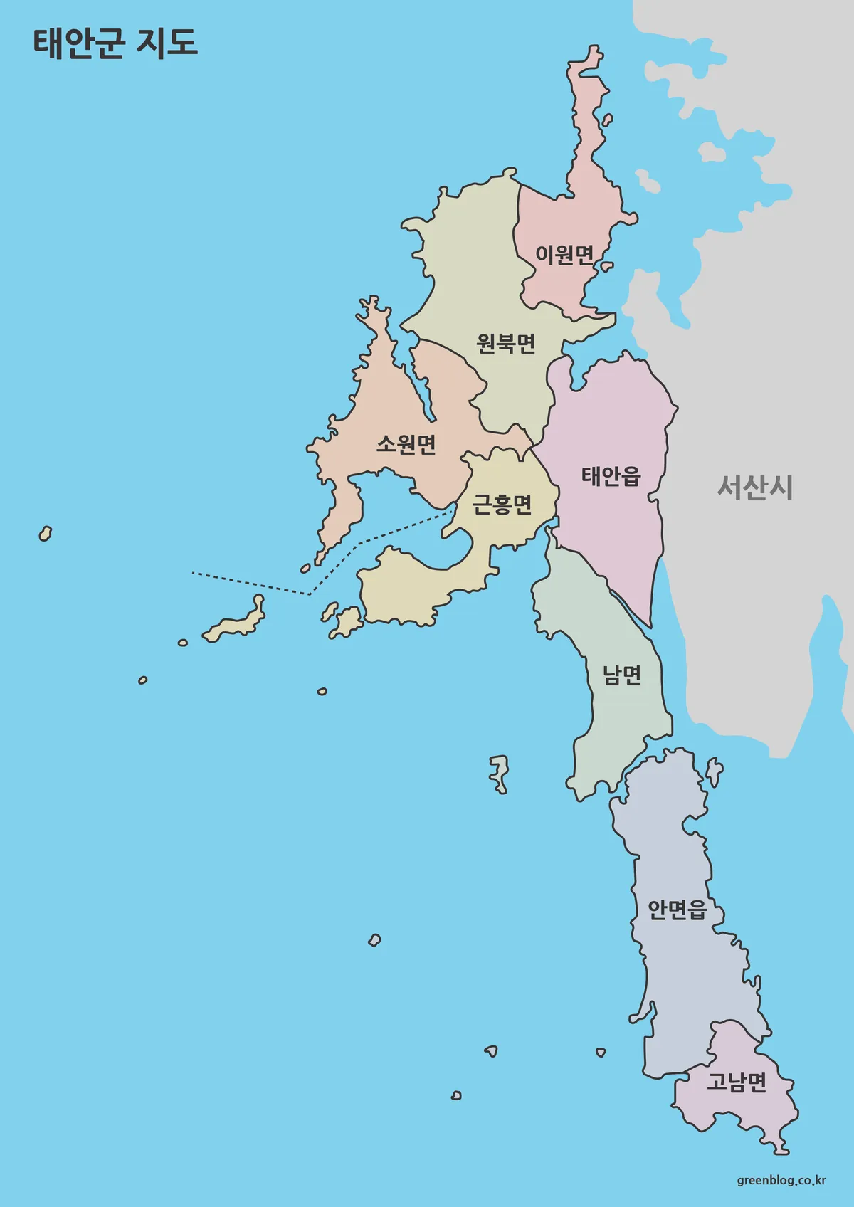 태안군 행정 구역이 색으로 구분된 전체 지도