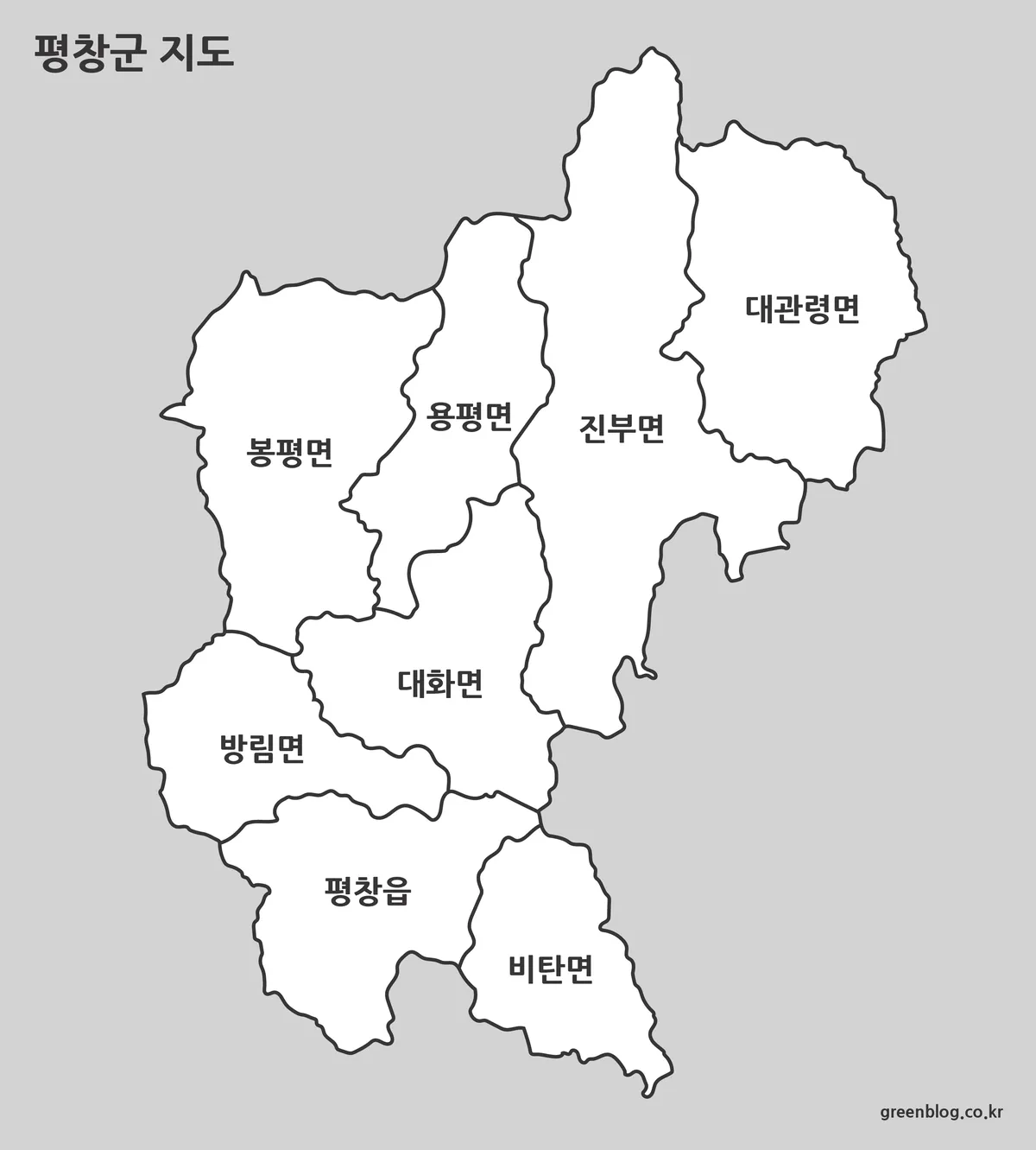 평창군 지명을 중심으로 구성된 흑백 지도 이미지