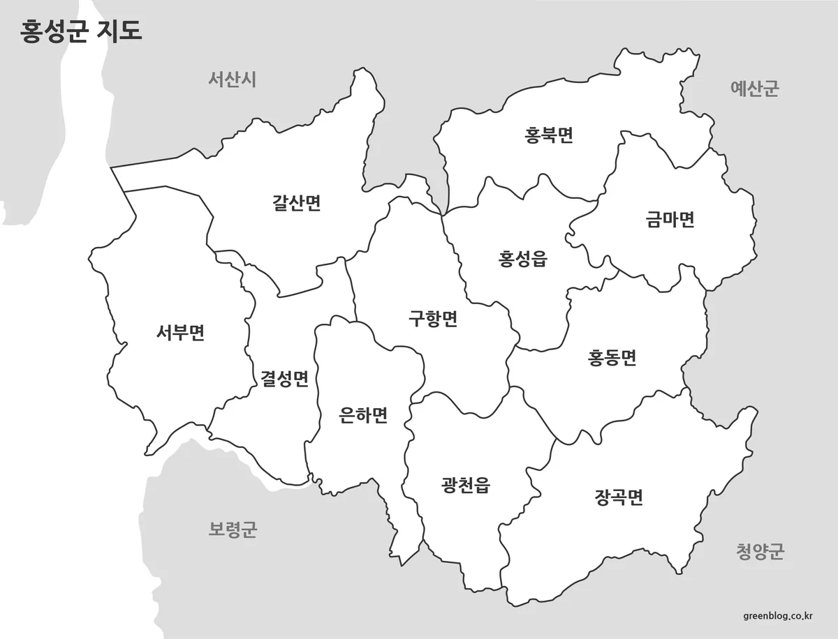 홍성군 지도 흑백 버전 출력용 깔끔한 지도 이미지