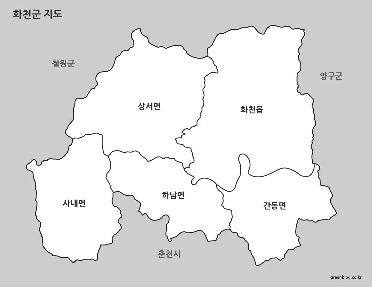 화천군 지역 이름과 경계선이 표시된 흑백 지도