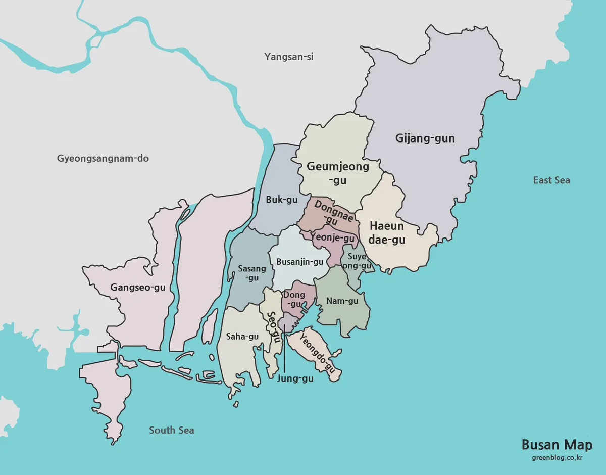 Printable Busan color map showing administrative district boundaries