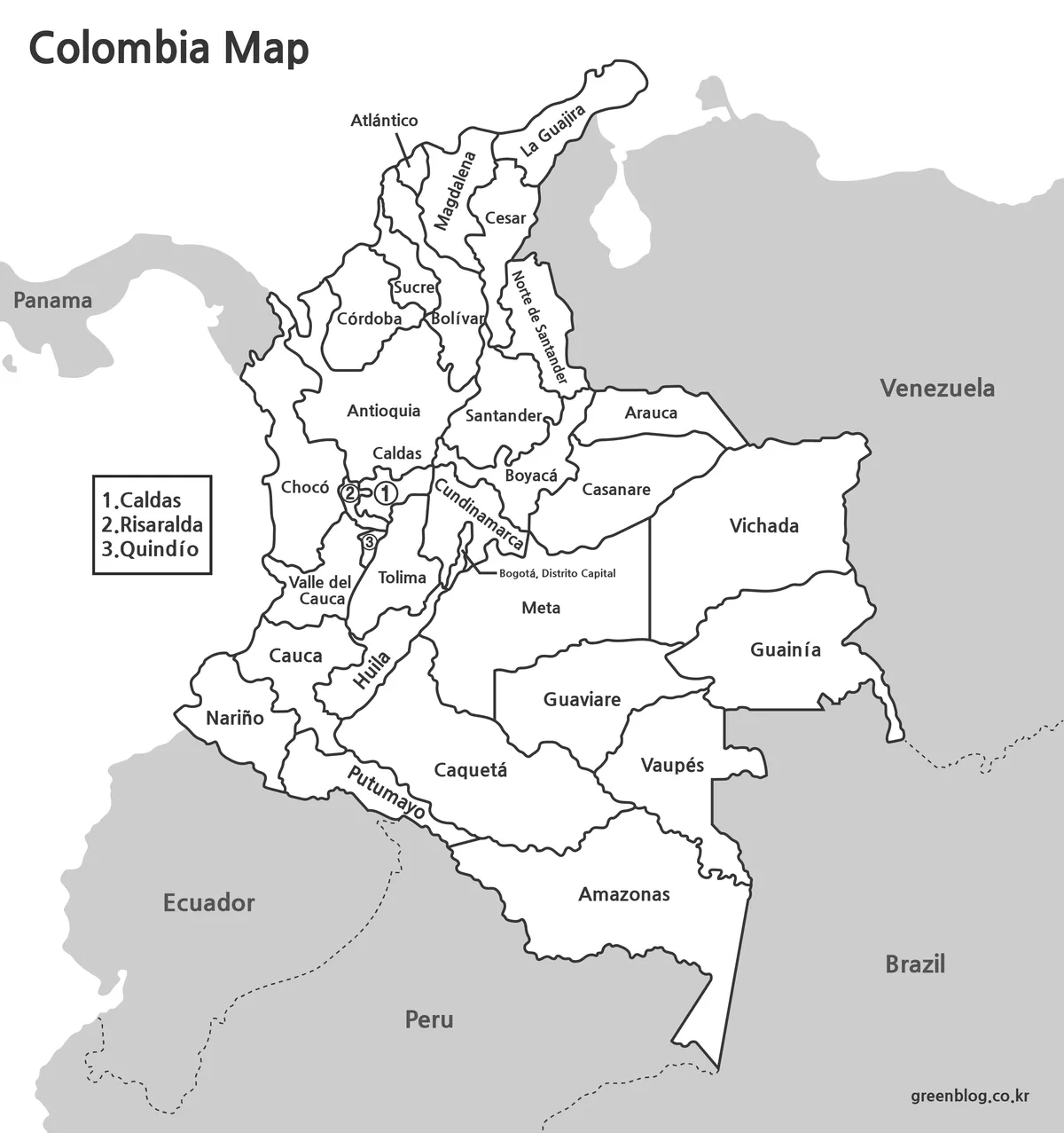 Colombia black and white printable map for educational and presentation use