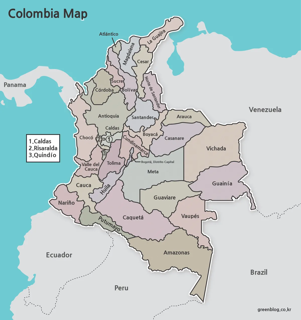 Printable Colombia regional map with labeled administrative divisions