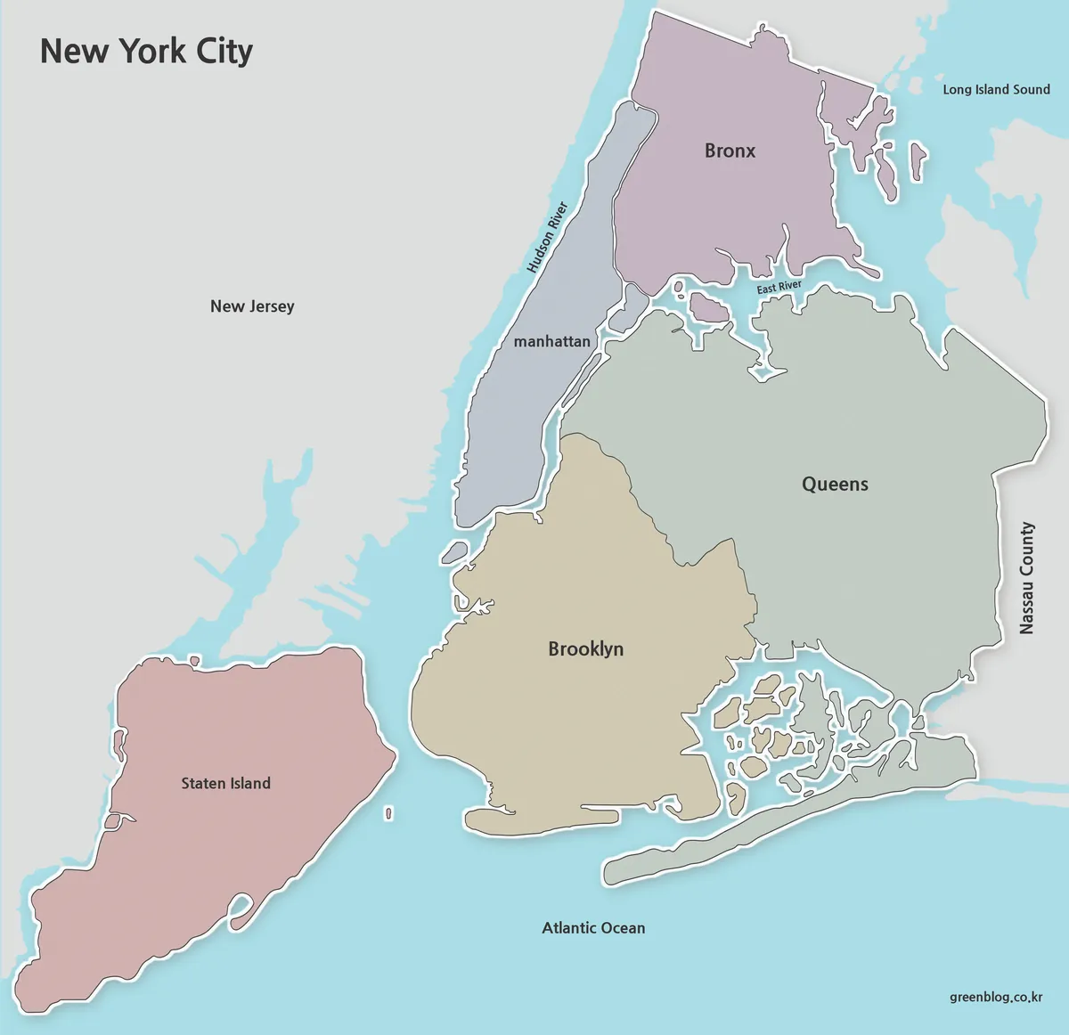 Printable New York City borough map collection featuring color, black and white, and outline map versions.