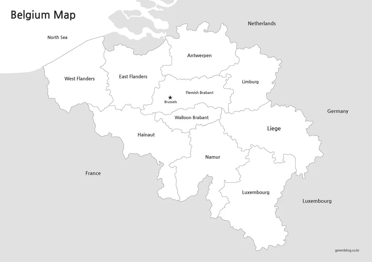 Black and white Belgium map for classroom printing and study reference